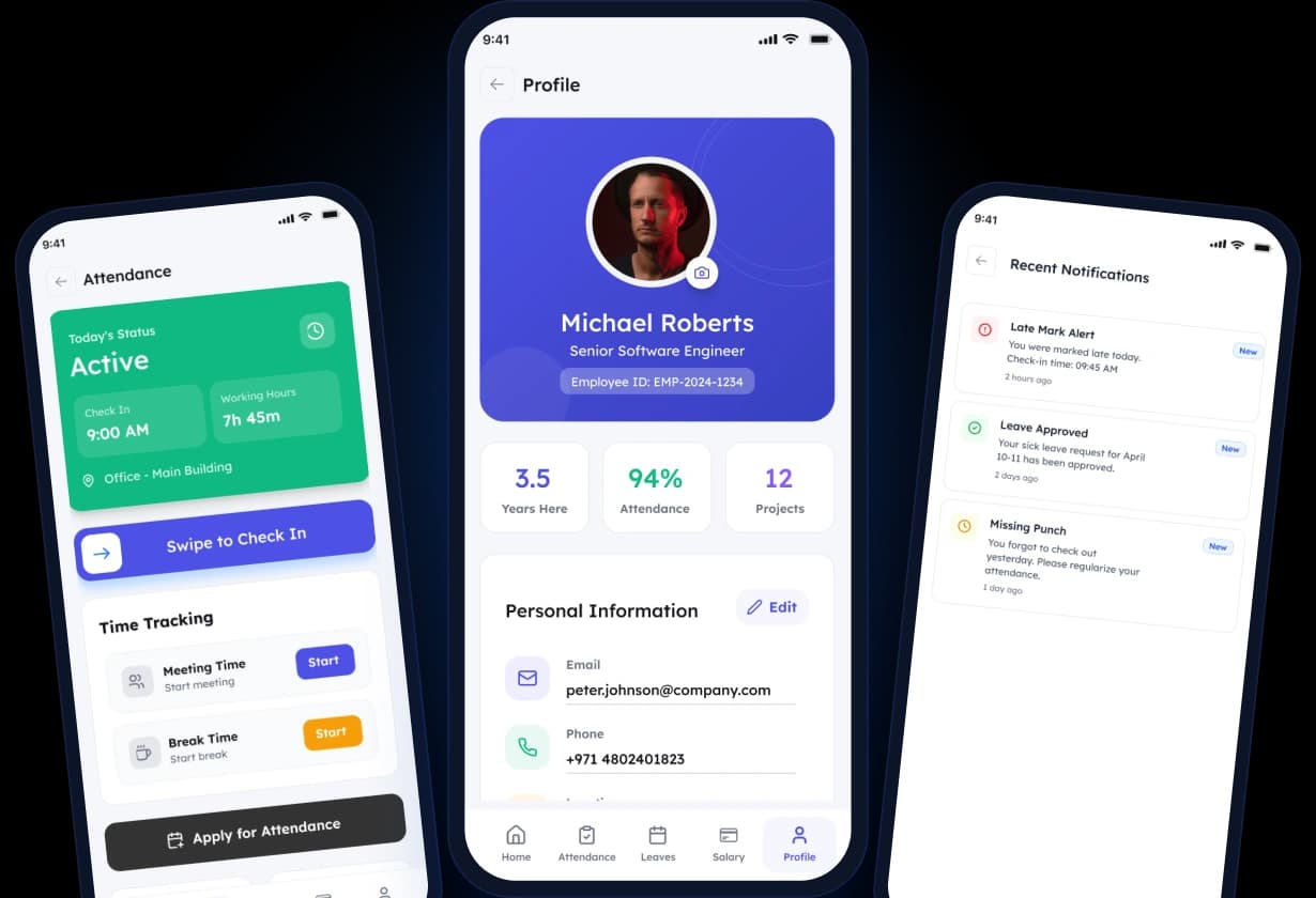 Elate HRMS mobile app screens for attendance, profile, and employee dashboard