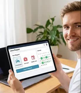 Employee using a tablet to manage leave requests