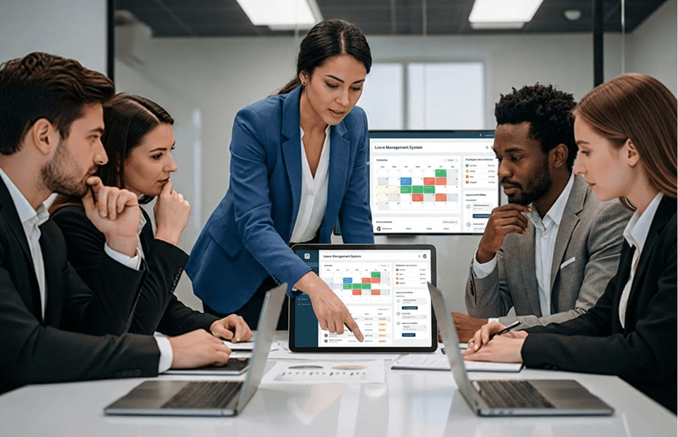 Team reviewing leave management dashboards in a meeting room